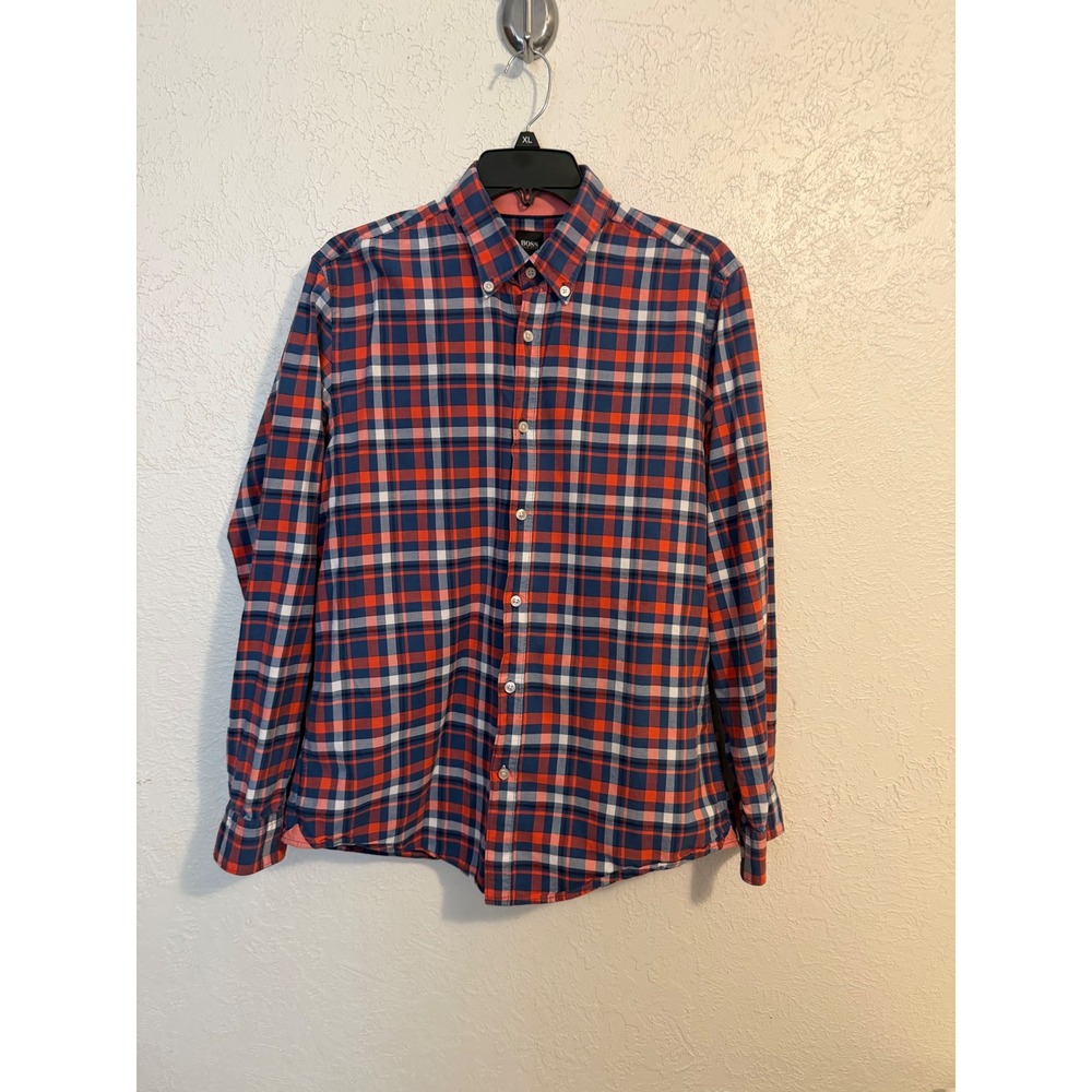 Hugo Boss Mens Regular Fit Plaid Button Down Shirt Red Blue White Cotton Large